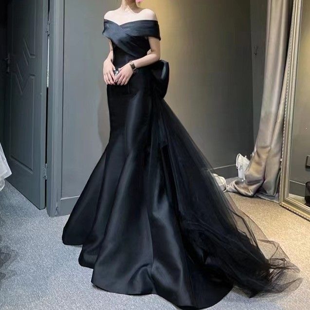 エレガントオフショル黒リボンイブニングドレス前撮りn