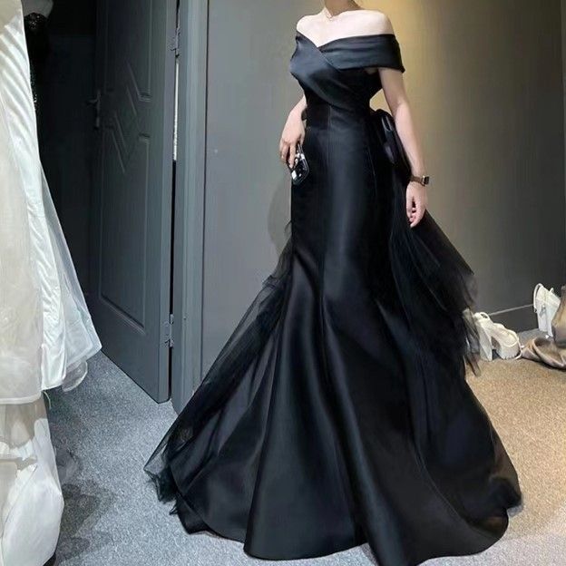 エレガントオフショル黒リボンイブニングドレス前撮りn