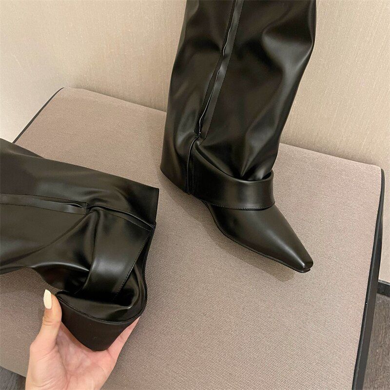 おススメ 折り返し ロングブーツ モード ブラック