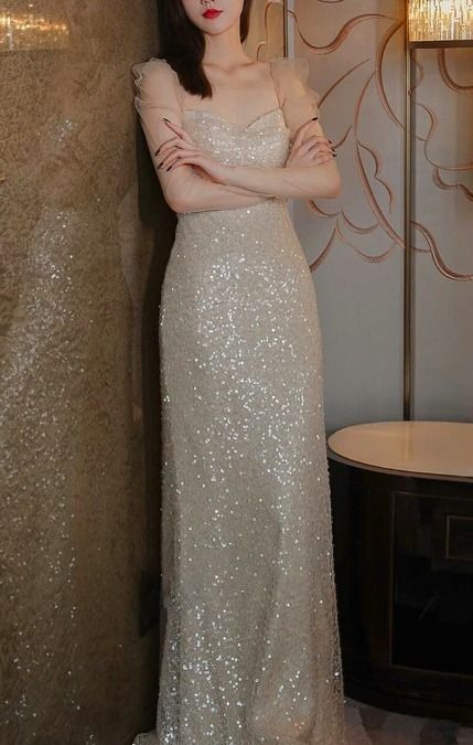 スリム ロングドレス バックオープン 長袖シースルー ビジュー