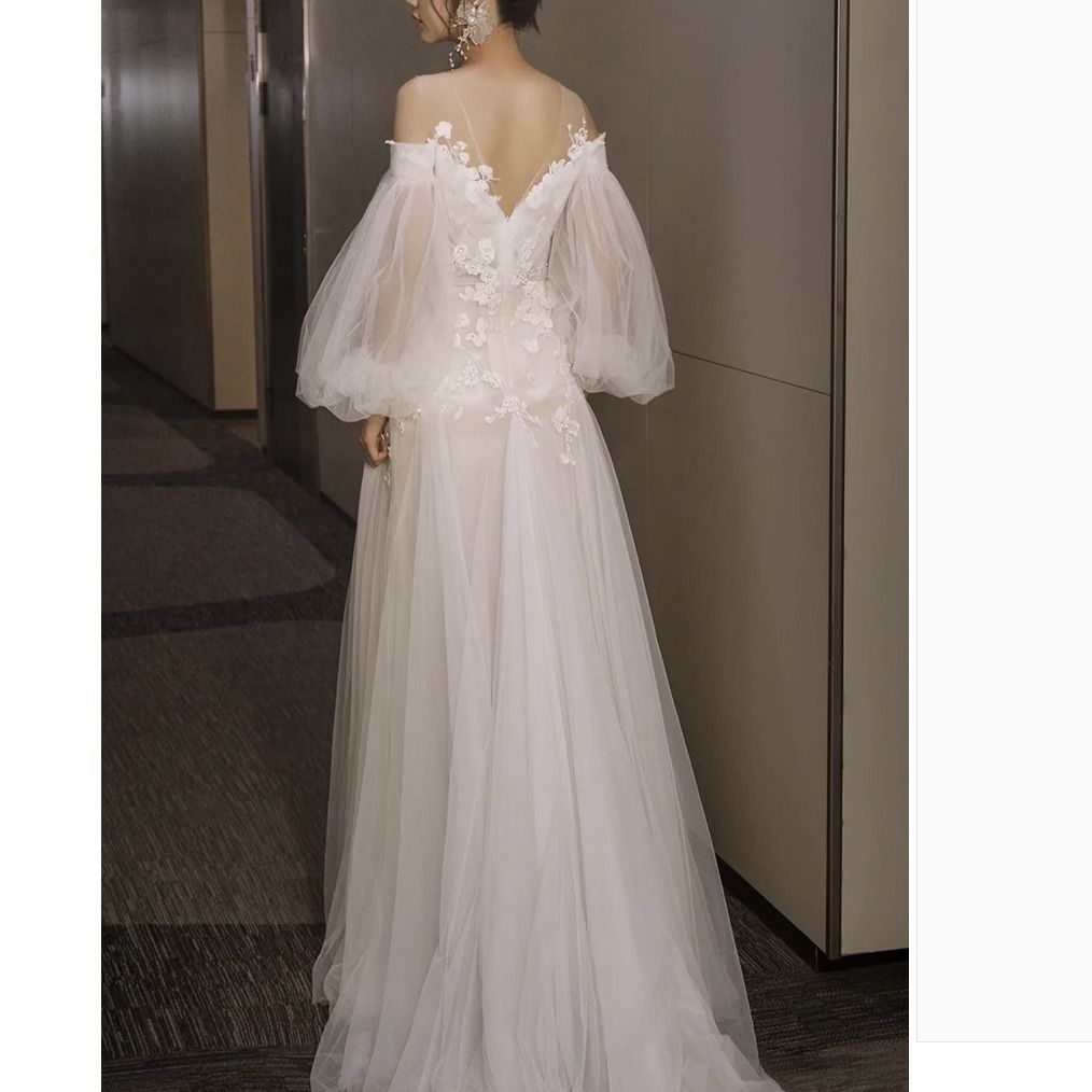 セクシー ウェディングドレス ロング オフショル 長袖 キーワード 韓国