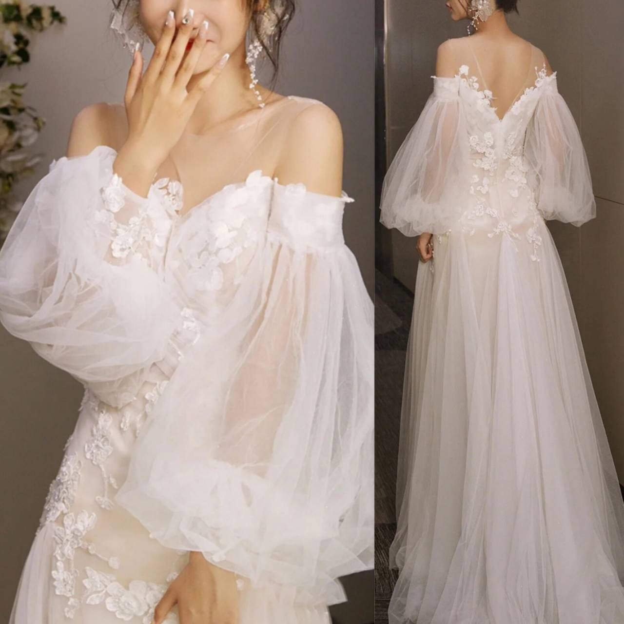 セクシー ウェディングドレス ロング オフショル 長袖 キーワード 韓国