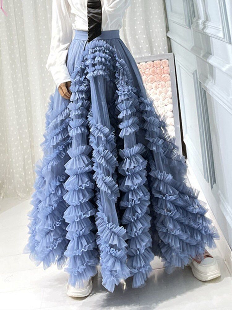 ティアード フリル ハイウエスト ひざ下 スカート