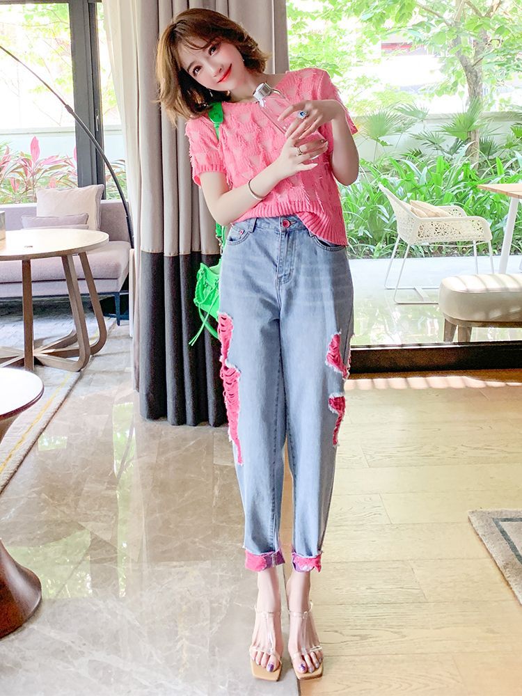 デニム セットアップ トップス ロング パンツ ダメージ XS 3 XL