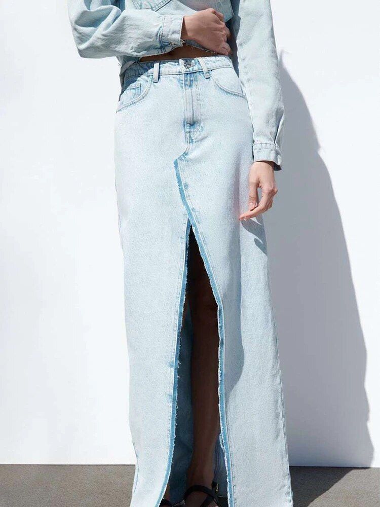 セットアップ デニム ジャケット ロングスカート 深めスリット