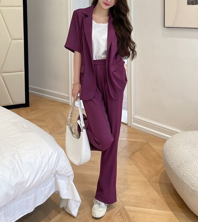 セットアップ 半袖ジャケット ワイドパンツ 無地 上品 韓国