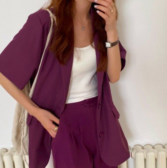 セットアップ 半袖ジャケット ワイドパンツ 無地 上品 韓国