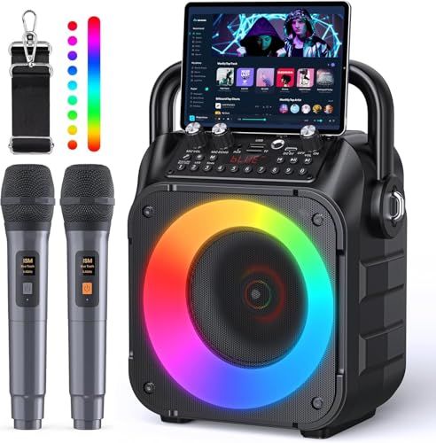 スピーカーセット カラオケ 家庭用 拡声器 カラオケマイク ２本 Bluetooth 5 0 小型 PAセット マシン ポータブルスピーカー SDカード USB AUX Android 対応 ホームパーティー 会議 スピーチ 学校行 611 e 957 b