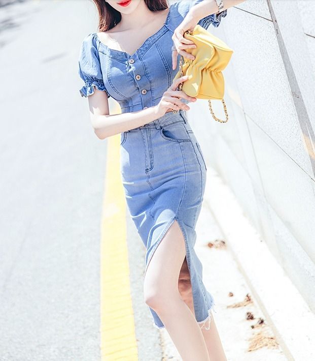 デニム デザインスーツ 半袖 ショートトップス スリムスカート