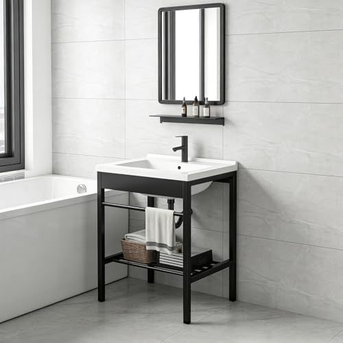 迅速に発送 洗面台 鏡付き 陶器製 洗面化粧台 混合水栓 ステンレス キャビネット 洗面ボウル 幅60 cm オープン収納 自立型 手洗い器 大容量 組立簡単 省スペース 洗面所 置き場付 家庭用 屋内 屋外 60 47 80 7509 a 0 b 1