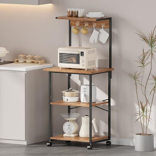 レンジラック キッチンラック レンジ台 キャスター付き 高さ調整可動棚 レンジボード キッチン棚 電子レンジ ラック キッチン 収納 トースターラック 幅50×奥行35×高さ132 cm 四つフック ビンテージe 25095 d 8