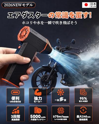 WOLFBOX エアダスター 電動 強力ブロワー 洗車 最大風速75 m|s以上 204ｇ超軽量 11万回転 2026最新 水シミ予防 5000 mAh大容量 240分連続稼働 4種ノズル付き 3段階調整 USB充電式 一台多役 年寄りも簡単に使 013 fa 784