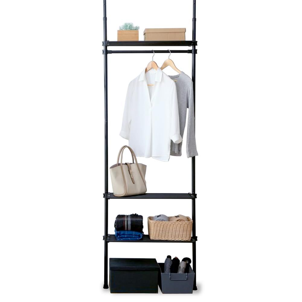 【新着商品】棚 壁面 ラック 耐荷重各5kg 天井170~260cm対応 幅80 【洗面所でのタオルハンガーにも】アイリスプラザ スリム ブラック TWR-800