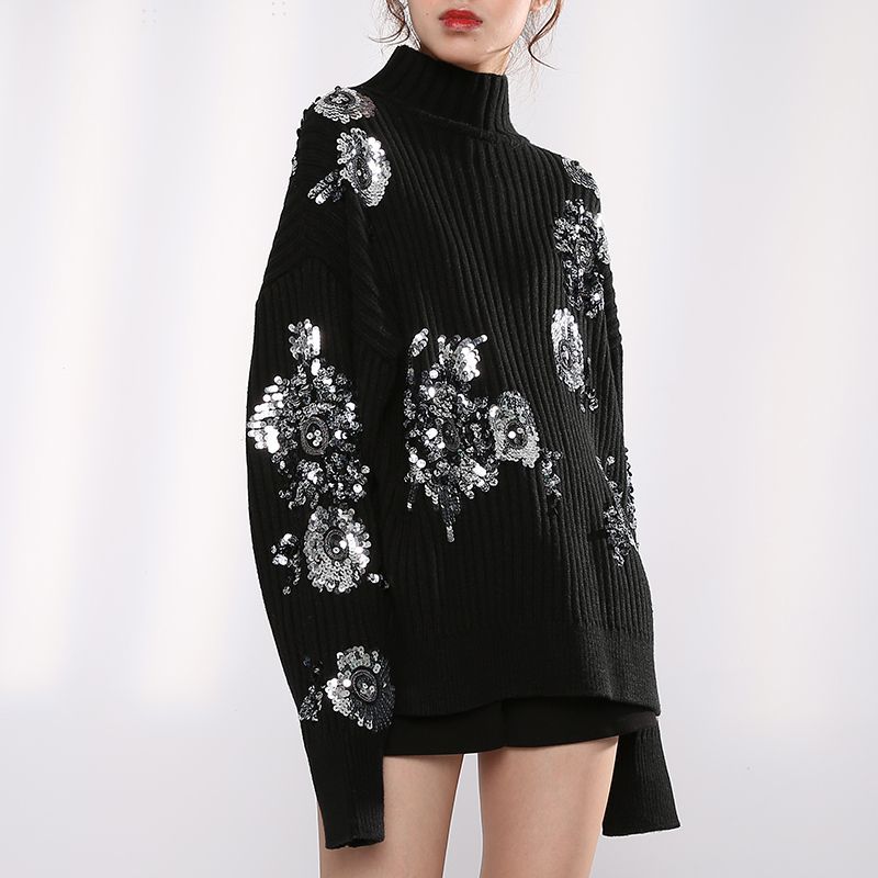 スパンコール オーバーサイズ 長袖 リブ リラックス タートル