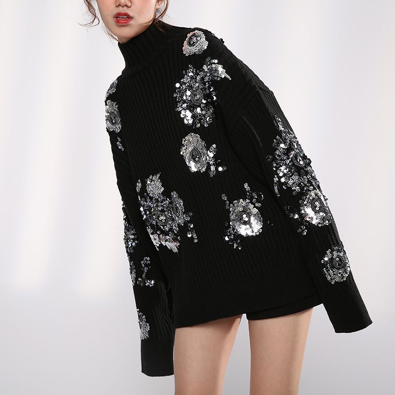 スパンコール オーバーサイズ 長袖 リブ リラックス タートル