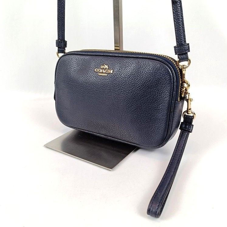 良品 COACH コーチ ショルダーバッグ ダブルジップ レザー ネイビー