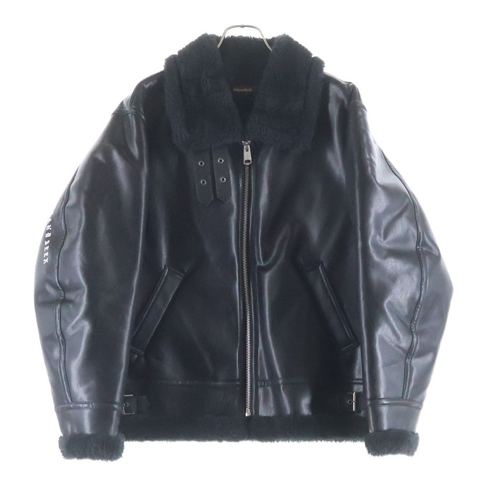 Hideandseek (ハイドアンドシーク) 24AW B-3 Jacket フェイク レザー ムートン ジップアップ フライト ジャケット ブラック HJ-120124