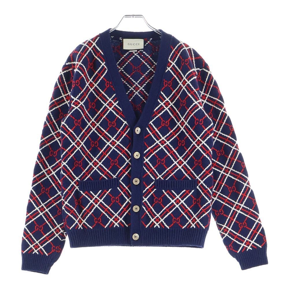 GUCCI (グッチ) GGロゴ チェック総柄 ウール ニット 長袖カーディガン