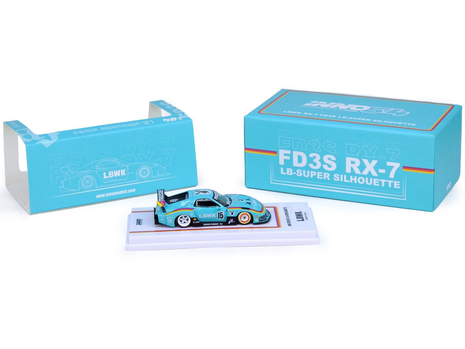 Inno Models RX 7 FD 3 S LB-スーパーシルエット RHD 右ハンドル車 15 ライトブルー ストライプ入り 1|64 ダイキャストモデルカー IN 64-LBWK-RX 7-03