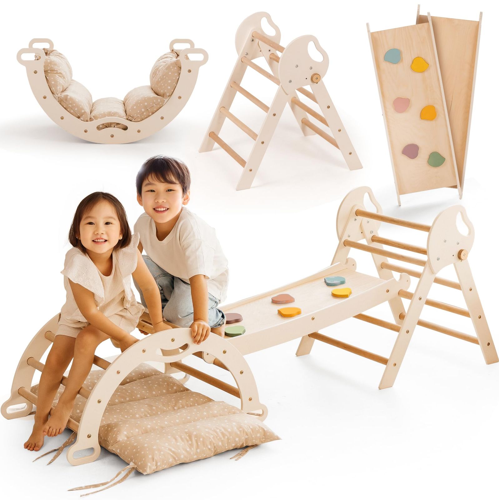 5 in 1クライミングフレーム 子供用 ? 三角ラダー クライミングアーチ ンスボード＆クッション付き モンテッソーリクライミングフレーム 1～3歳向け 木製ジム