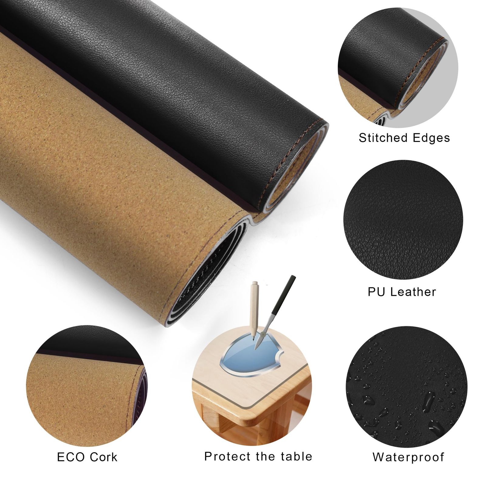 MAIDERN コルク&レザーデスクパッド 150 x 50 cm XXLデスクマット フルデスクマウスパッド 両面デスクパッド ゲーム用デスクパッドプロテクター ホームオフィス ブラック …