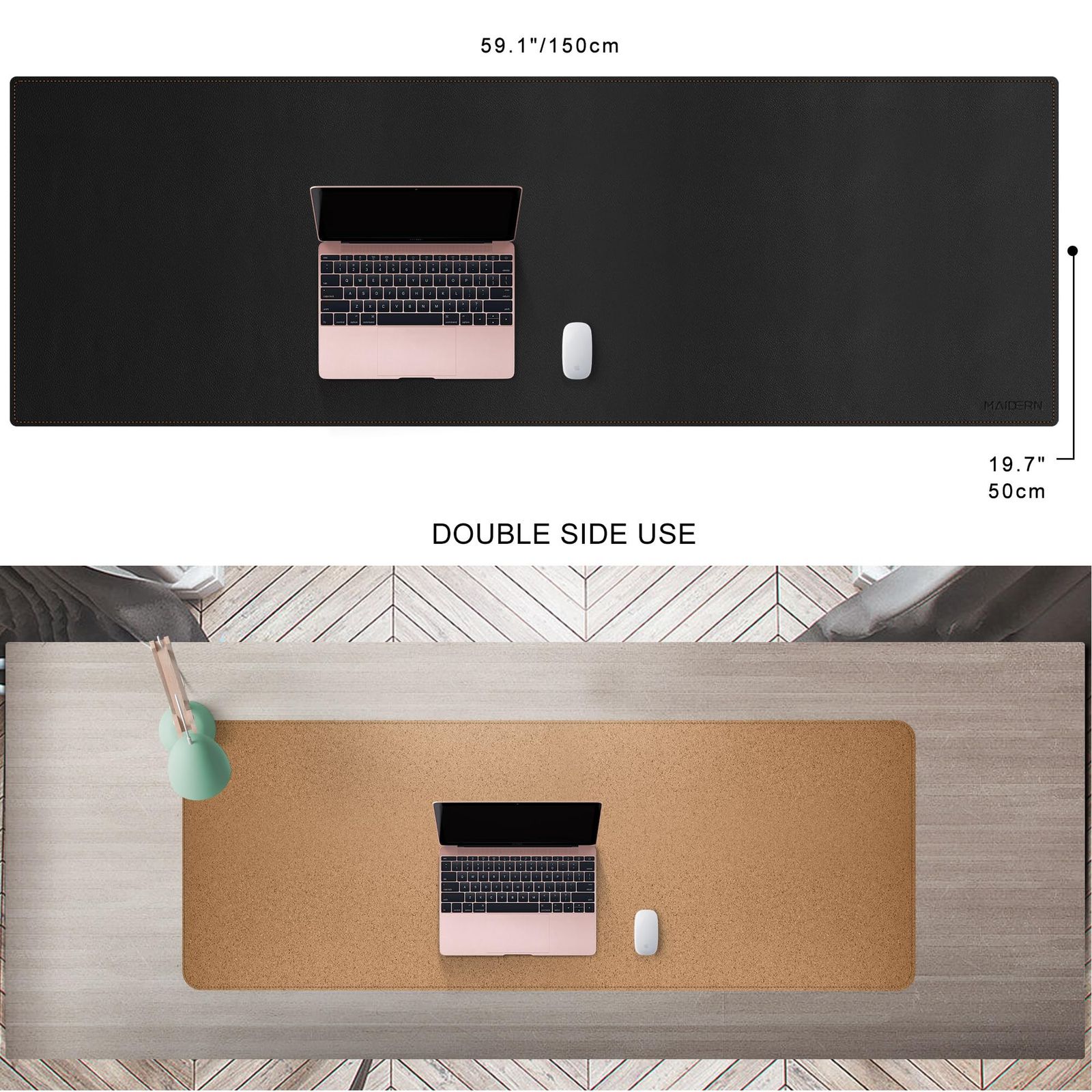 MAIDERN コルク＆レザーデスクパッド 150 x 50 cm XXLデスクマット フルデスクマウスパッド 両面デスクパッド ゲーム用デスクパッドプロテクター ホームオフィス ブラック …