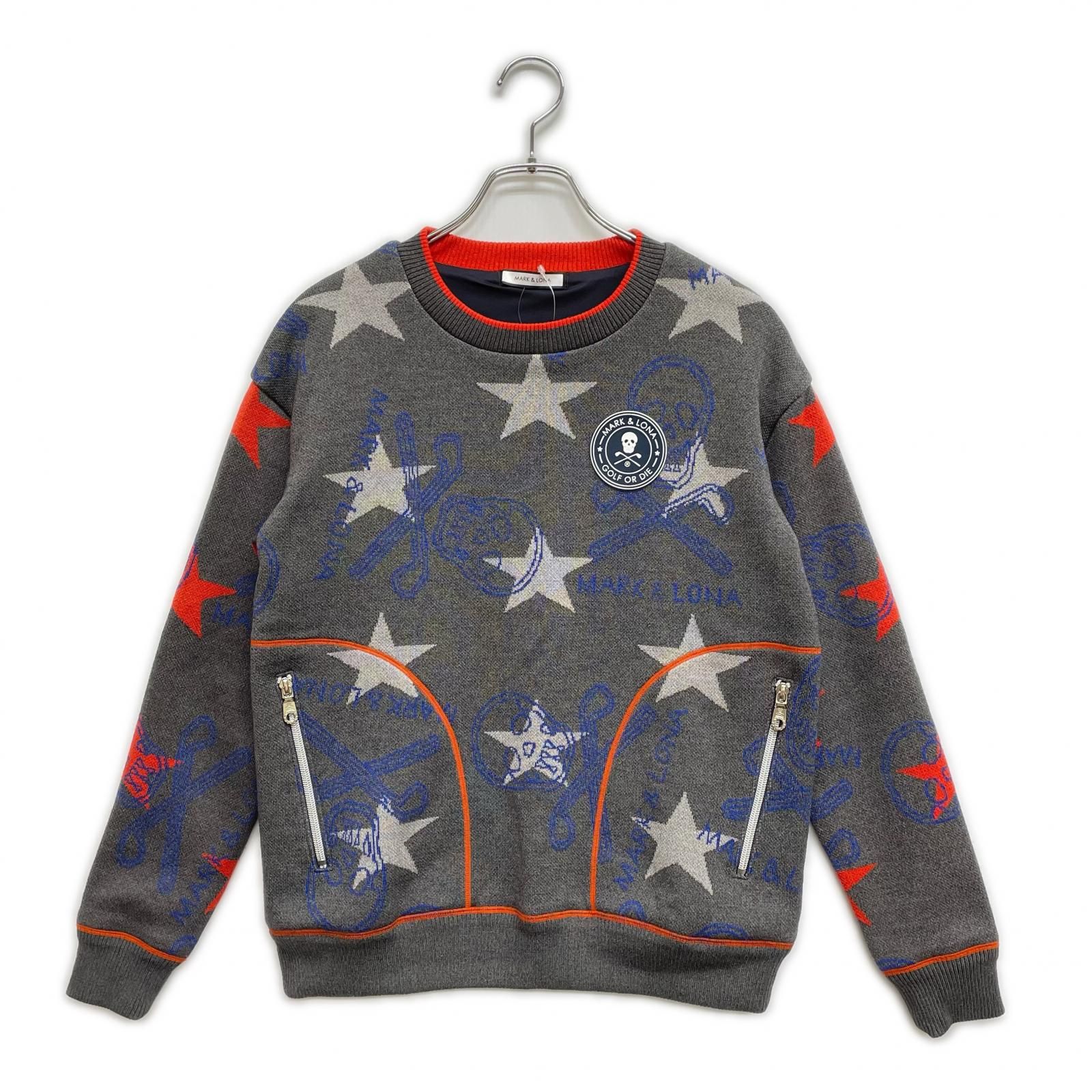  レディース マークアンドロナ MARKu0026LONA ニットアウター 38(M) グレー クルーネック 裏地付きセーター 星柄