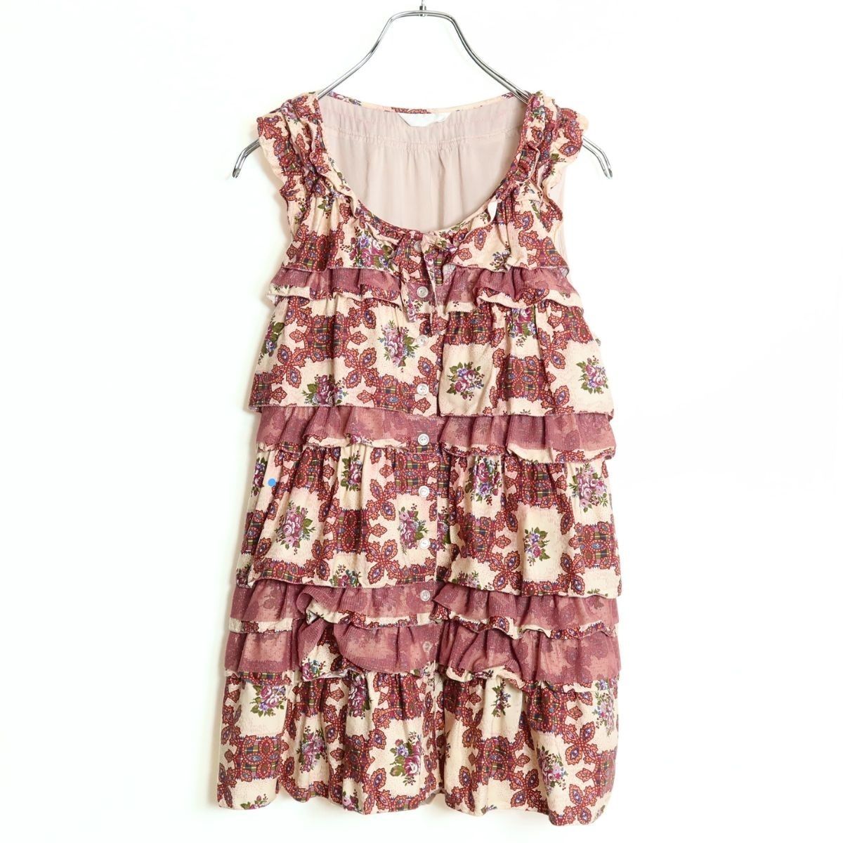 【美品】ピンクハウス★ドットチュールレース♪かぶせ段々フリルブラウス 赤茶系 前開き 花柄 z17512
