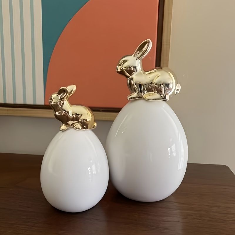 オブジェ 置物 卵の上に乗っているウサギ うさぎ ラビット 大 小 2個セット セラミック インテリア リビング ダイニング 玄関 寝室 装飾 オーナメント イースター プレゼント ギフト オシャレ