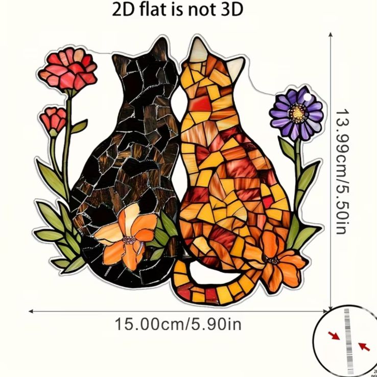 壁掛け ステンドグラス サンキャッチャー 猫 キャット 猫と花 フラワー