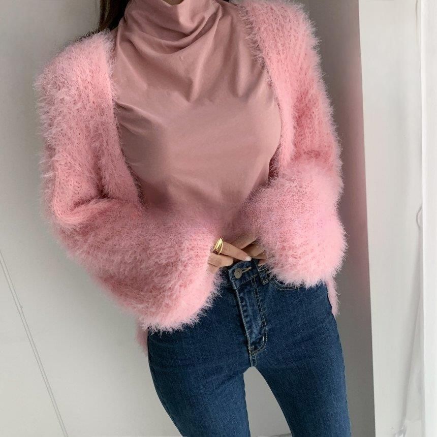 トップス レディース カーディガン モヘアニット 長袖 羽織 モコモコ シンプル バルーン 春秋冬