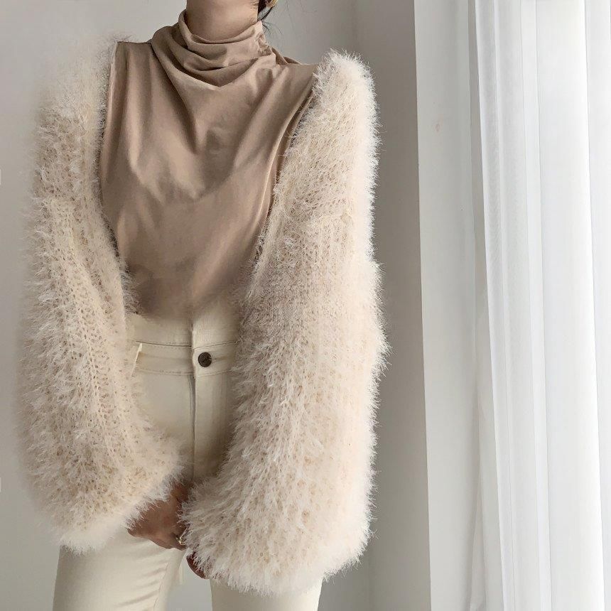 トップス レディース カーディガン モヘアニット 長袖 羽織 モコモコ シンプル バルーン 春秋冬