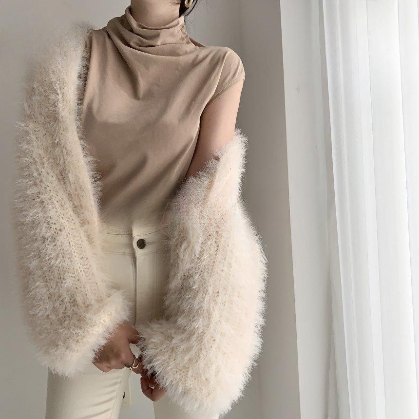 トップス レディース カーディガン モヘアニット 長袖 羽織 モコモコ シンプル バルーン 春秋冬