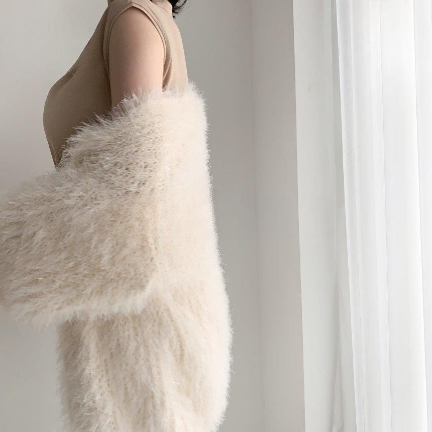 トップス レディース カーディガン モヘアニット 長袖 羽織 モコモコ シンプル バルーン 春秋冬