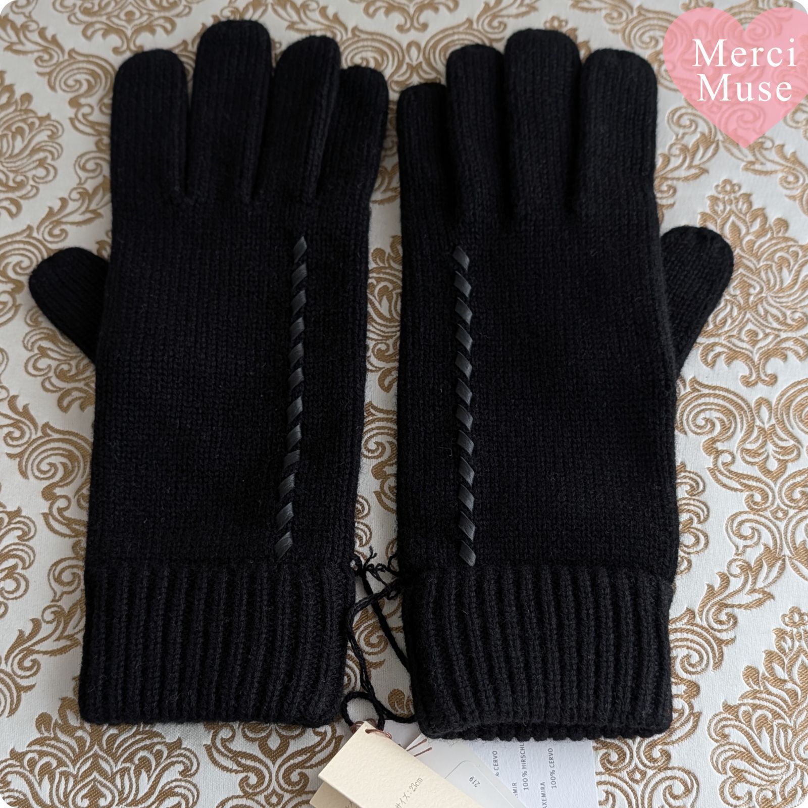 未使用品＊カシミヤ手袋 Mサイズ ブラックレザー編み込みグローブ 