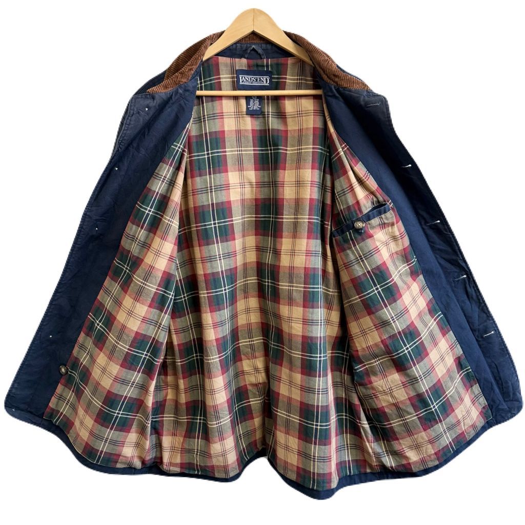 LANDS END裏地チェック 襟コーデュロイハンティングカバーオールジャケット 古着 90s LANDS' END 襟コーデュロイ コットン キャンバス