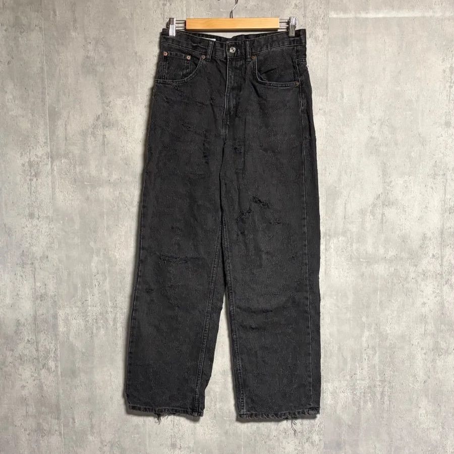 ZARA(ザラ) ダメージ加工 デニム パンツ 30 黒｜フリンジ ジャガード 