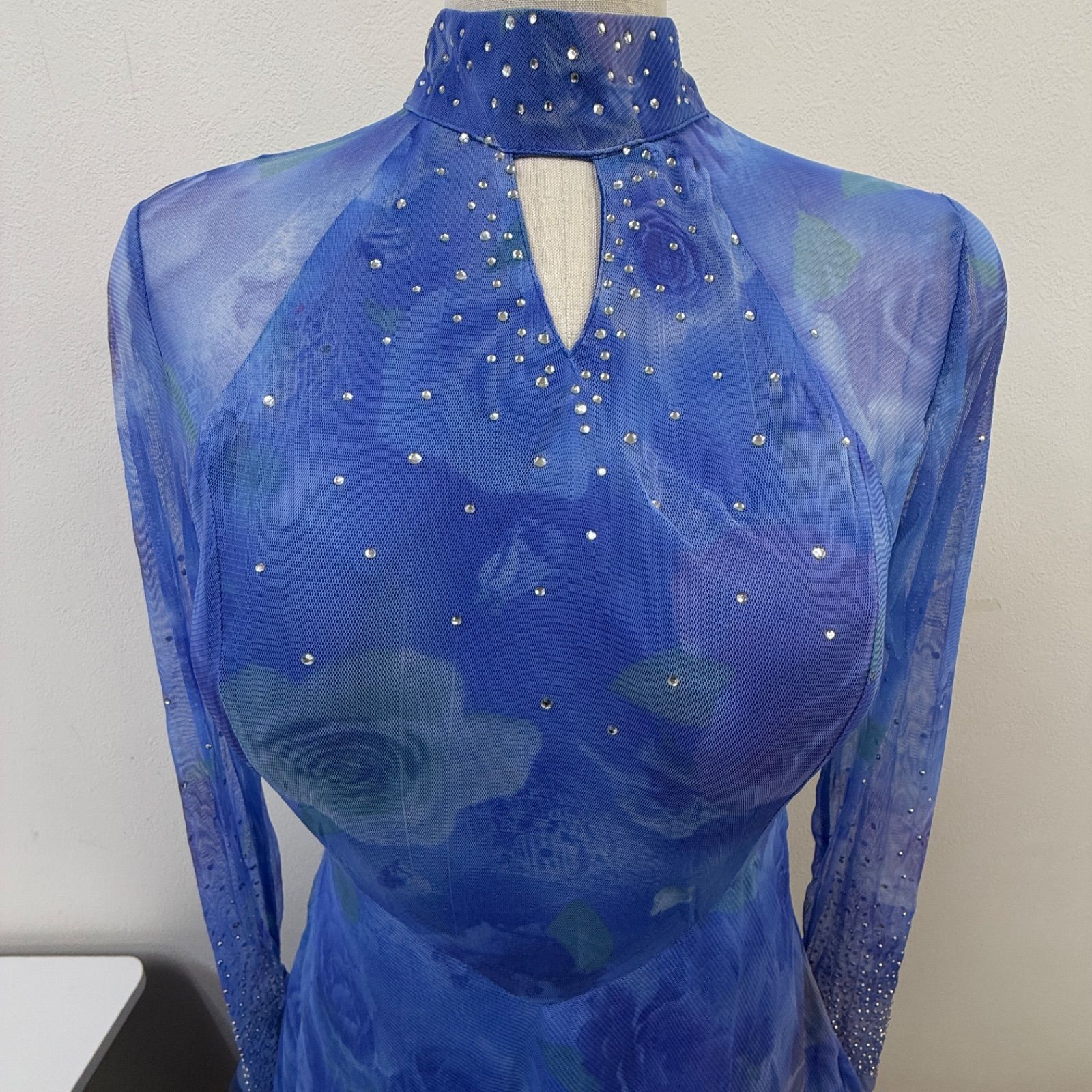 Prima Boutique】社交ダンス衣装 ドレス ワンピース 青 ブルー 薔薇柄