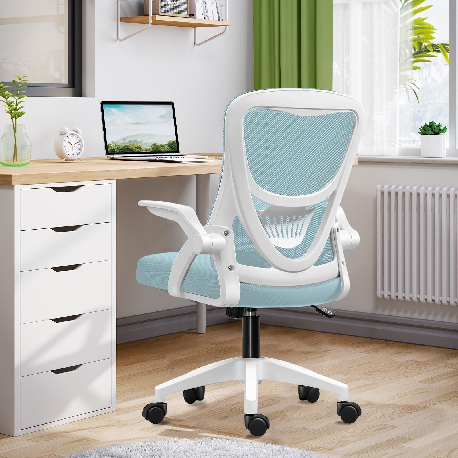EdoErgo オフィスチェア 椅子 テレワーク 疲れない 跳ね上げ式アームレスト コンパクト 約105度ロッキング pc 事務椅子 360度回転 座面昇降 強化ナイロン樹脂ベース 通気性メッシュ 在宅ワーク H WY01 青網 白枠 白足