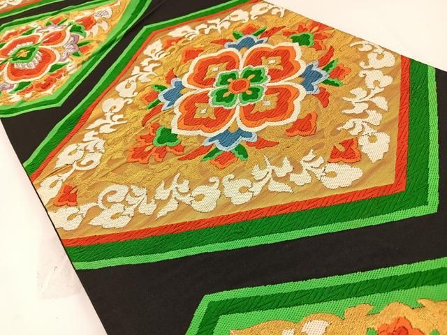 平和屋着物◎六通柄袋帯 唐織 菱宝相華文 黒地 金銀糸 正絹 逸品