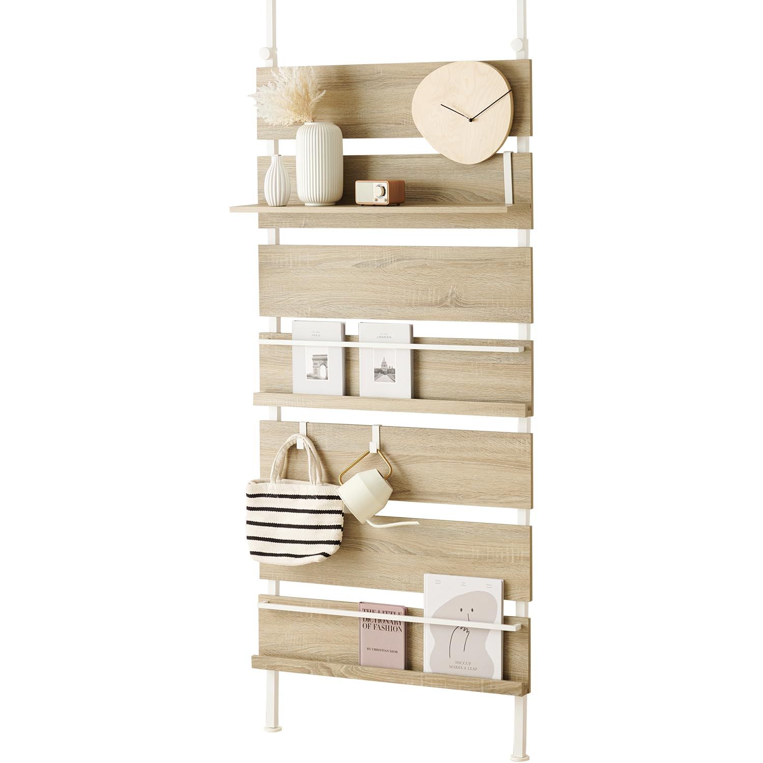 萩原 Hagihara 突っ張り マガジン ラック つっぱり 棚 壁面収納 ウォールラック DIY 穴あけ 工事が不要 簡単取付 段差対応 木目調 幅80 スリム ナチュラル KTR-3178 NW