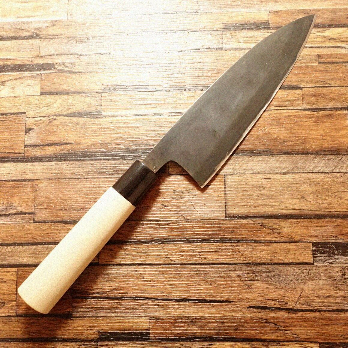 杉本 出刃包丁 研ぎ済 黒錆仕上げ ハガネ 片刃 柄交換済み 180 mm