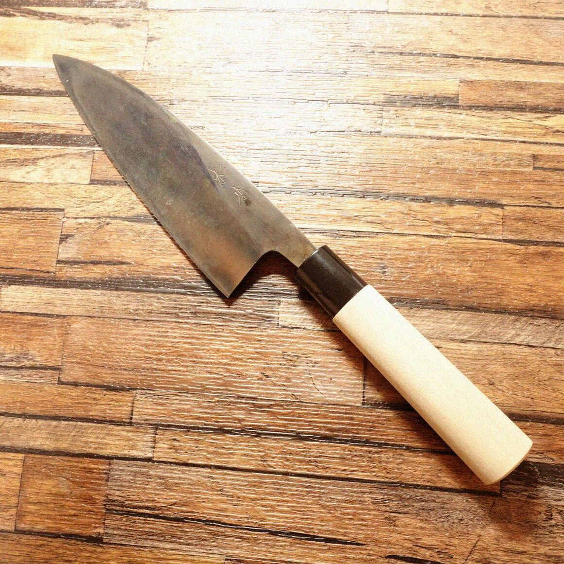 杉本 出刃包丁 研ぎ済 黒錆仕上げ ハガネ 片刃 柄交換済み 180 mm