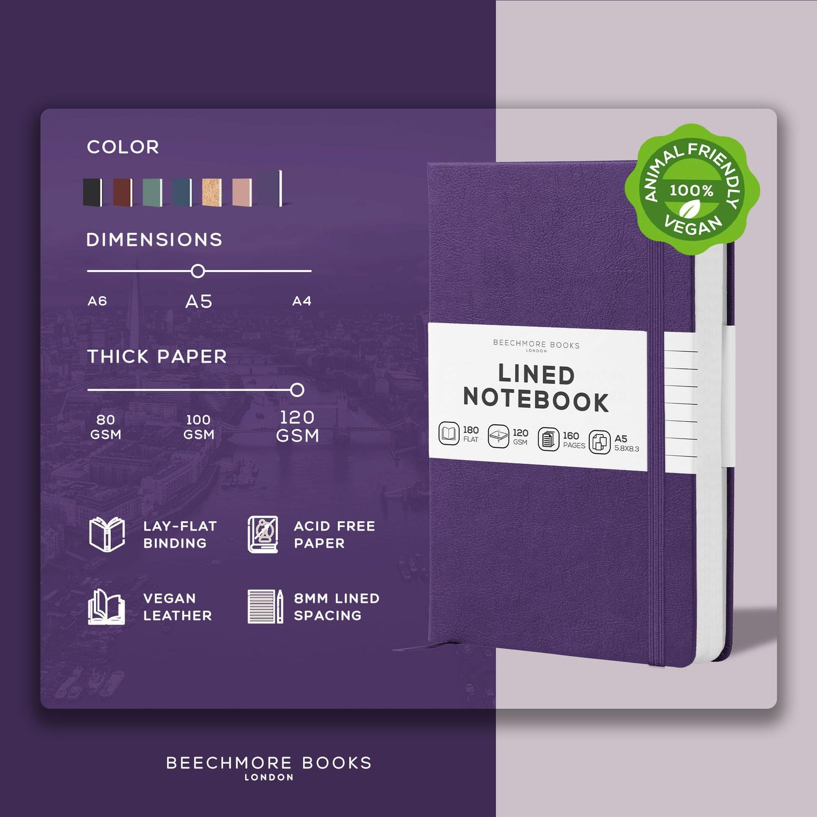 ビーチモーブック罫線ノート‐A 5 紫 ヴィーガンレザー付きのハードカバーのジャーナル 120 gsm グラム毎平方メートル の厚いクリーム色の罫線紙 ギフト 属 会議用 作家 学生 日記を書く方に向け