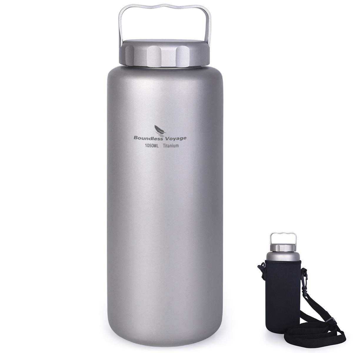 Boundless Voyage 1050 ml 純チタンボトル 広口 大容量 直飲み アウトドア登山 スポーツウォーターボトル 漏れ防止 軽量 錆びない ストラップポーチ付き 取っ手付き Ti 1506 B