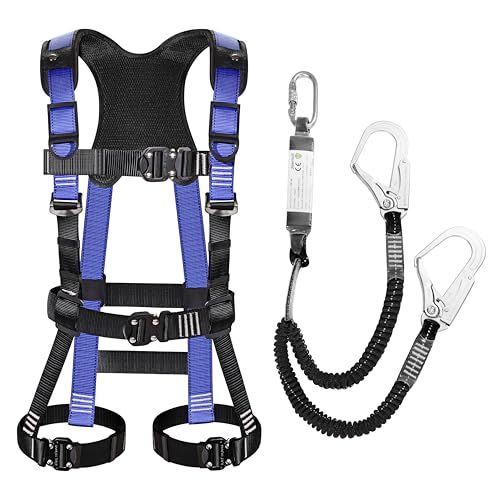 Jisentoll フルハーネス 新規格 セット フルハーネス安全帯 脱着簡単 腹部と胸と脚ワンタッチバックル 便利 安全 水平型腿ベルト 伸縮式 ダブルランヤード ハーネス 安全帯 墜落制止用器具 高所作業用 電 45 c 8894
