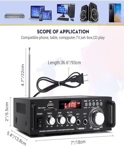 ステレオアンプ パワーアンプ Bluetooth 5.0 オーディオアンプ カラオケ アンプ USB 再生可HI-FI 高低音 HiFiパワーホームアンプ LEDディスプレイ マイク入力 車載 家庭用 カーアンプ パーティー用 忘年会 新年会 bb 6 d 1 f 17