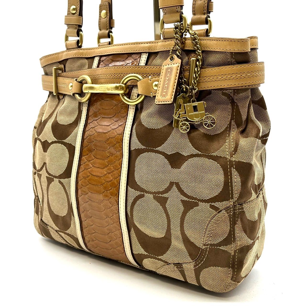 良品】COACH Y2K signature canvas python leather beige gold parts 