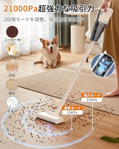 掃除機 コードレス 新登場 21000 Pa超強力吸引 超軽量 スティック型 ハンディクリーナー 静音 2 wayタイプ 2段階吸引力モード 左右170°上下90°回転 サイクロン式 ledライト Type-C充電式 5種類ノズル 多重濾過 4 e 8 d 9 0