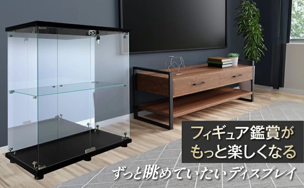 生活グッズラボ ショーケース (ミラー付)両扉ケース2段黒 ガラスケース 2